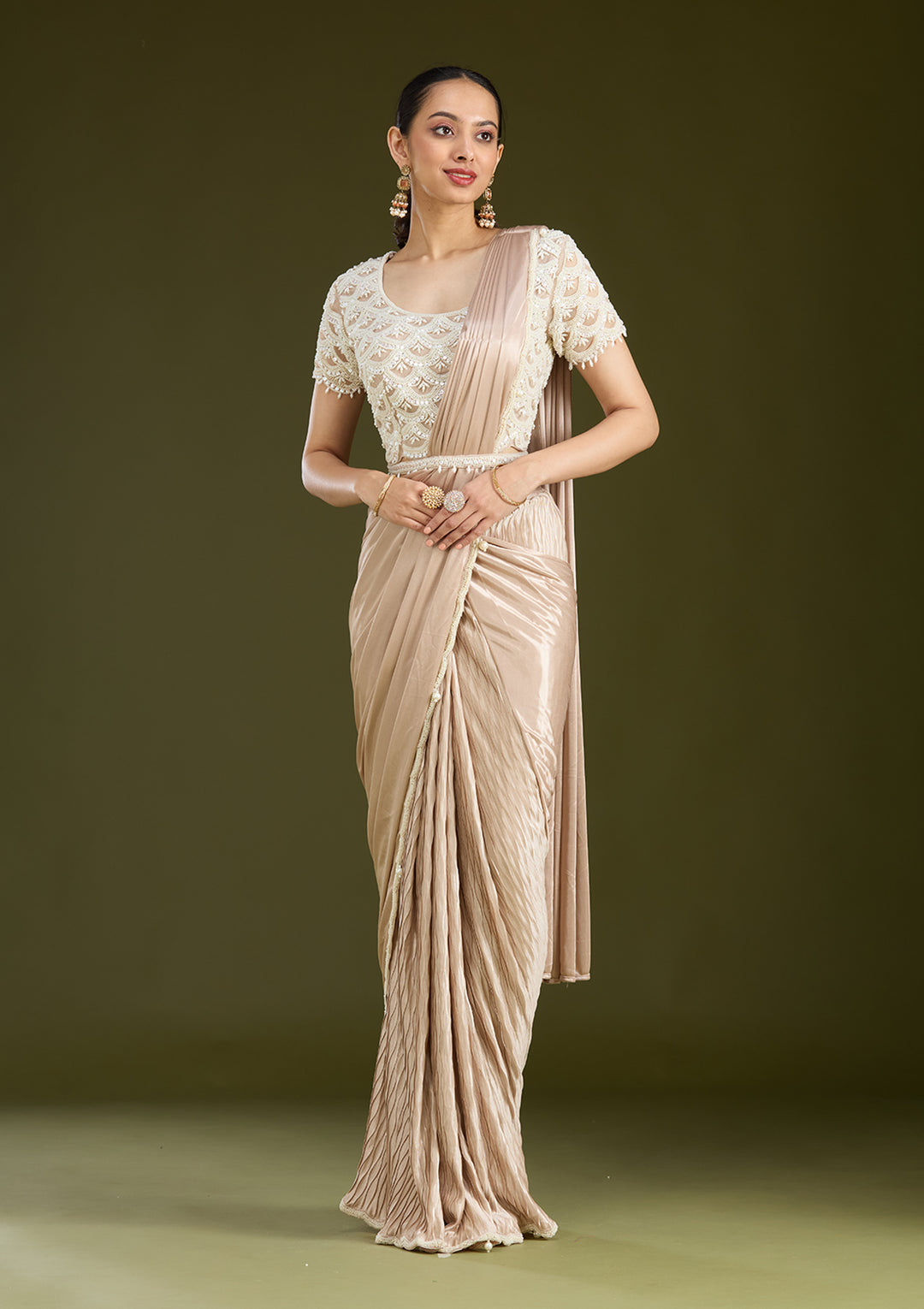 Grey Satin Pearlwork Saree With Matching Blouse Piece