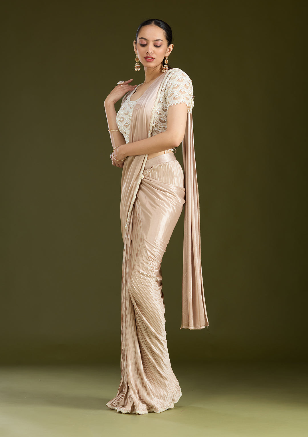 Grey Satin Pearlwork Saree With Matching Blouse Piece