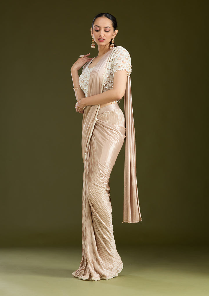 Grey Satin Pearlwork Saree With Matching Blouse Piece