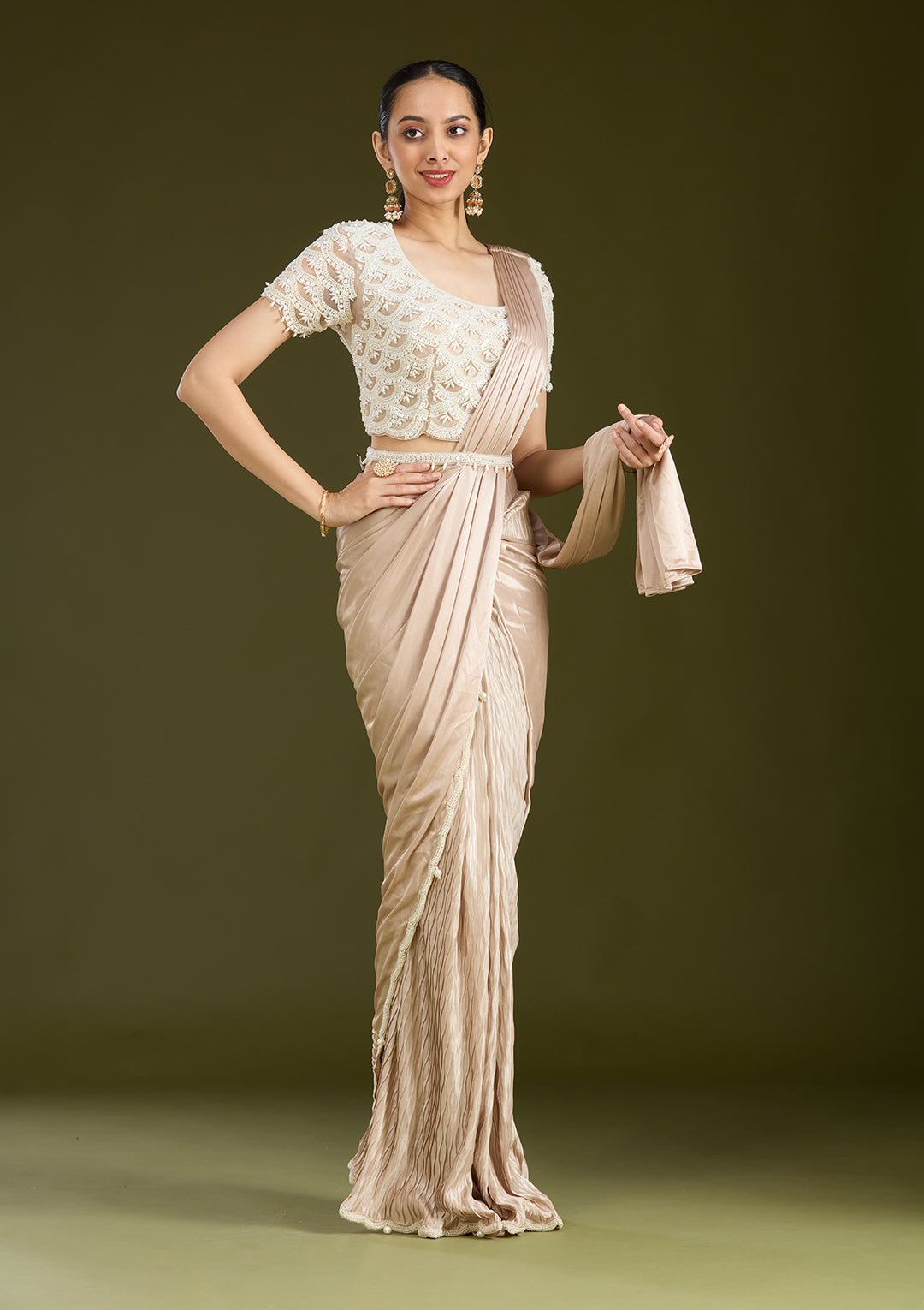 Grey Satin Pearlwork Saree With Matching Blouse Piece