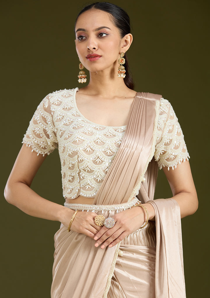 Grey Satin Pearlwork Saree With Matching Blouse Piece