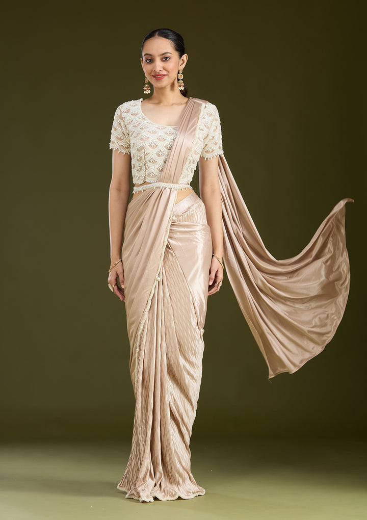 Grey Satin Pearlwork Saree With Matching Blouse Piece