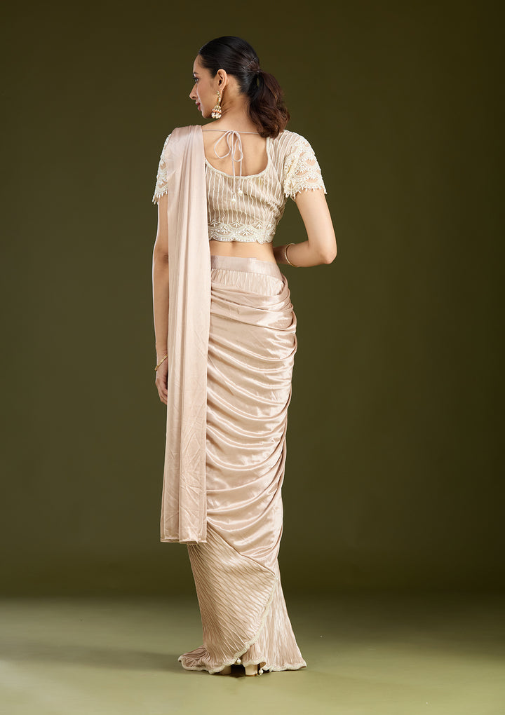 Grey Satin Pearlwork Saree With Matching Blouse Piece