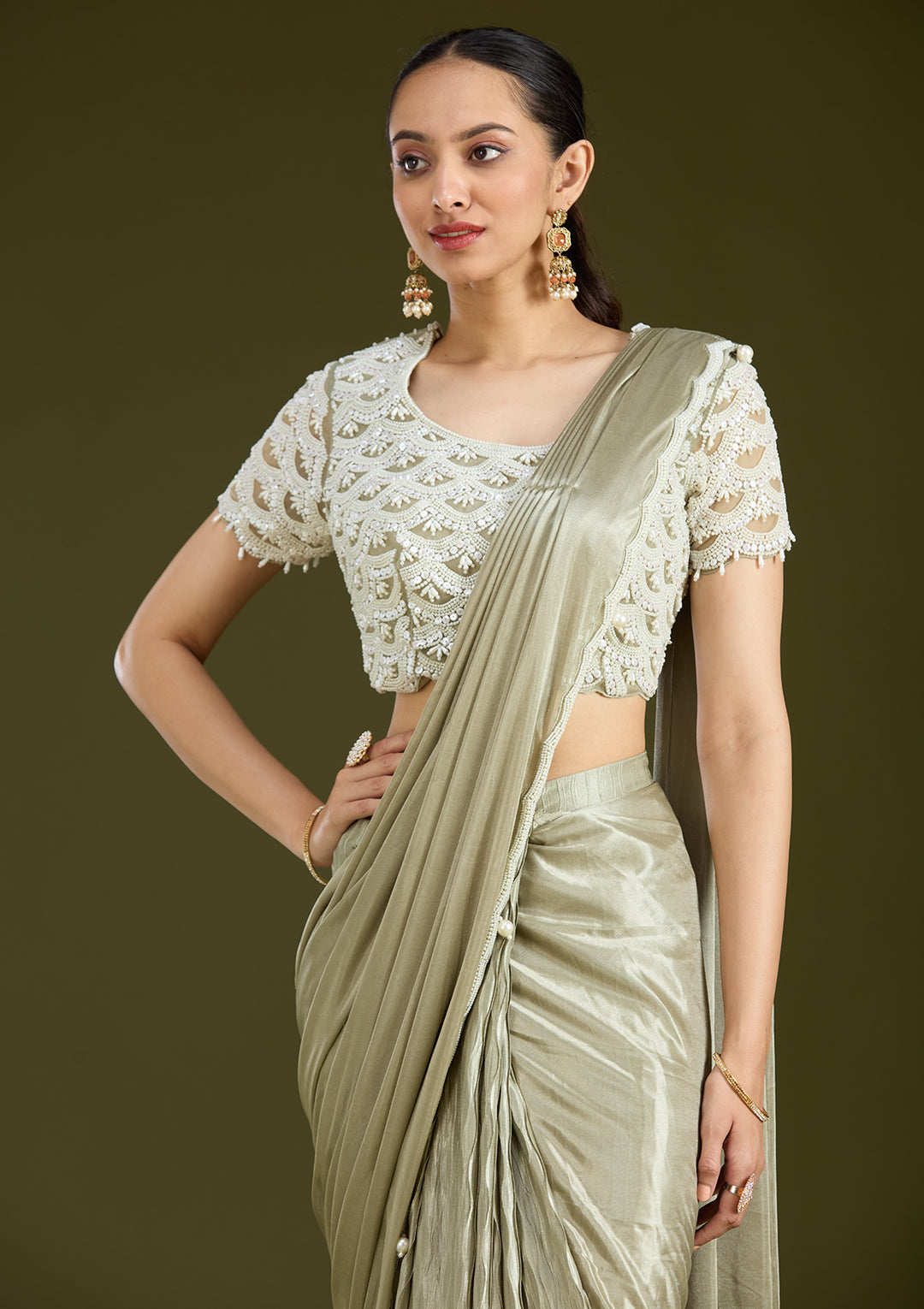 Sea Green Satin Pearlwork Saree With Matching Blouse Piece