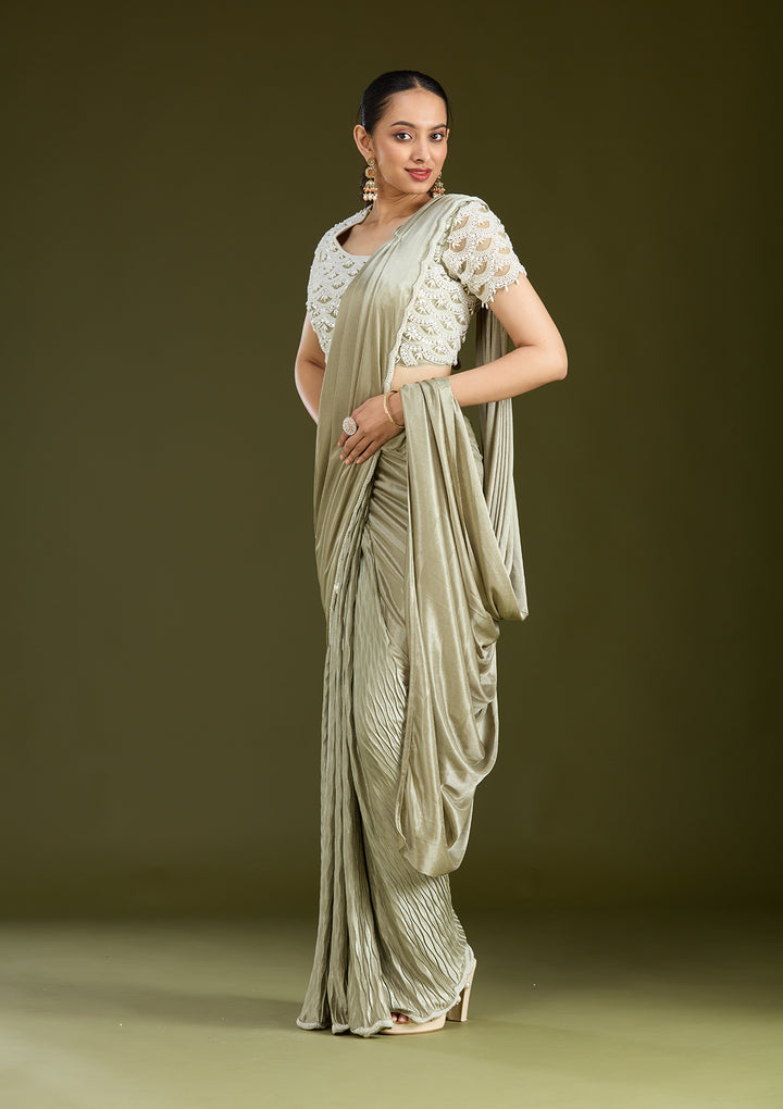 Sea Green Satin Pearlwork Saree With Matching Blouse Piece