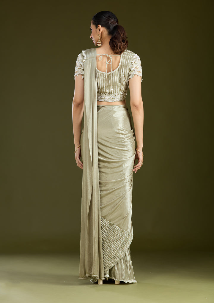 Sea Green Satin Pearlwork Saree With Matching Blouse Piece