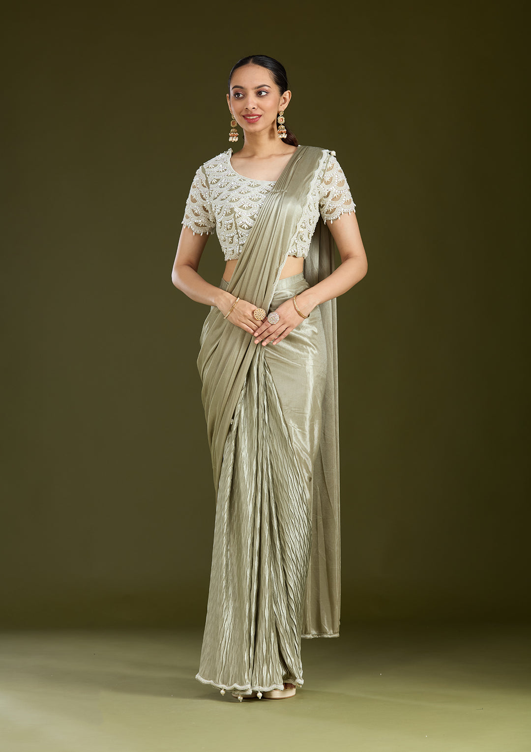 Sea Green Satin Pearlwork Saree With Matching Blouse Piece