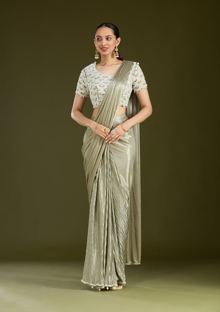 Sea Green Satin Pearlwork Saree With Matching Blouse Piece