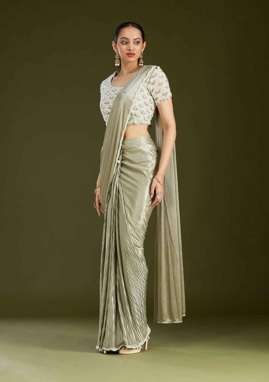 Sea Green Satin Pearlwork Saree With Matching Blouse Piece