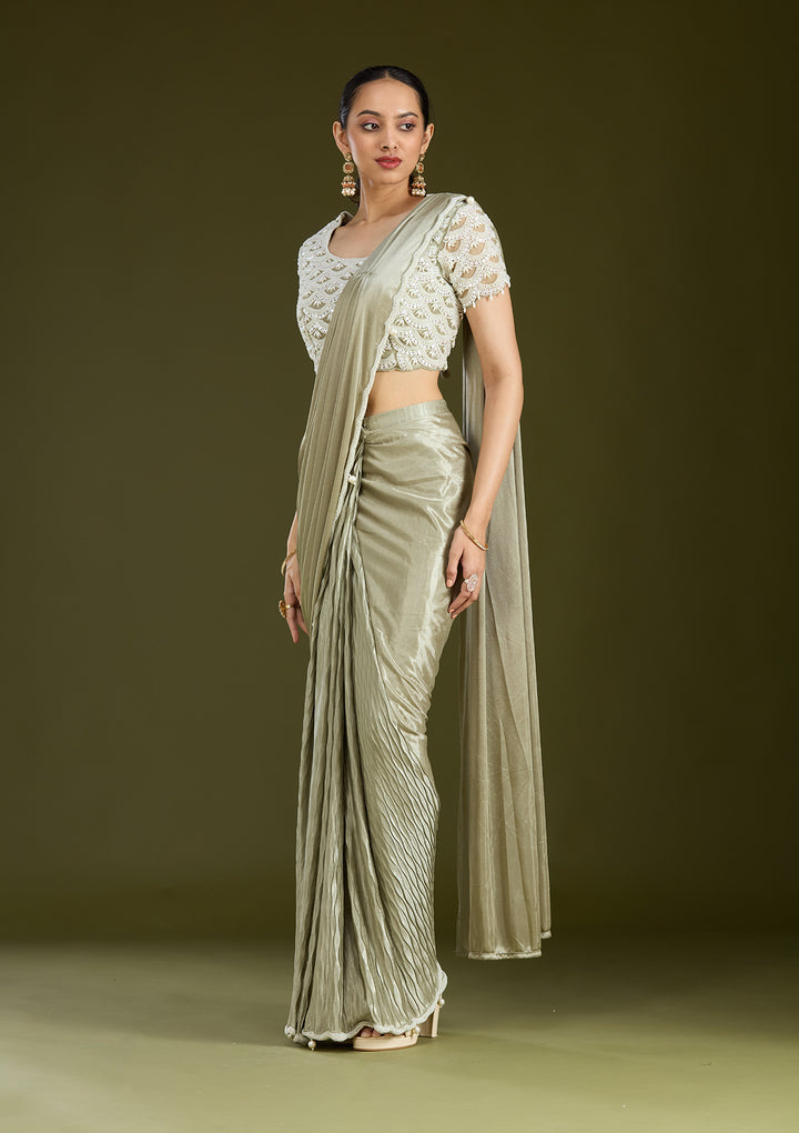 Sea Green Satin Pearlwork Saree With Matching Blouse Piece