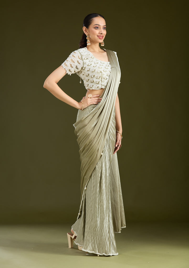 Sea Green Satin Pearlwork Saree With Matching Blouse Piece