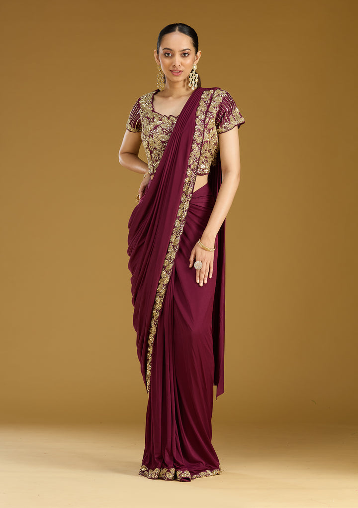 Dark Lavender Satin Sequins Saree With Matching Blouse Piece
