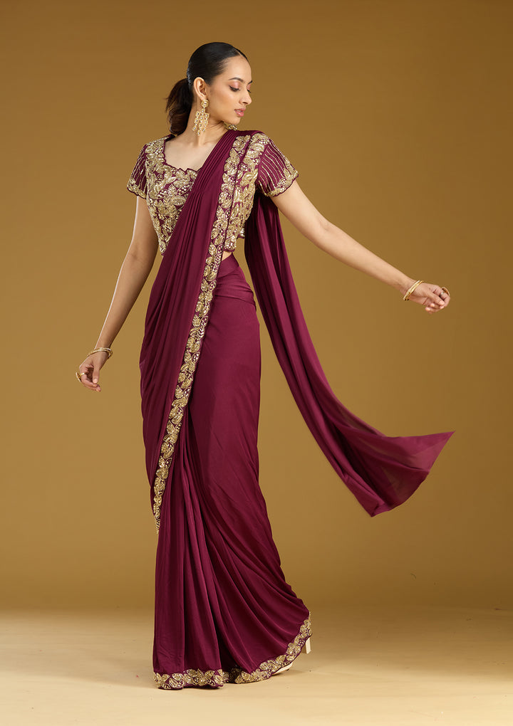 Dark Lavender Satin Sequins Saree With Matching Blouse Piece