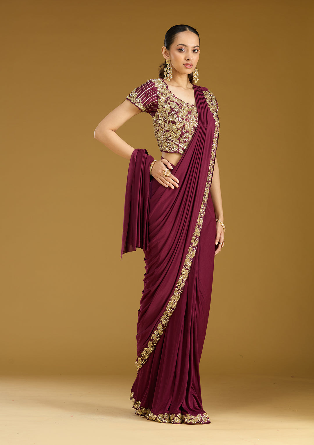 Dark Lavender Satin Sequins Saree With Matching Blouse Piece