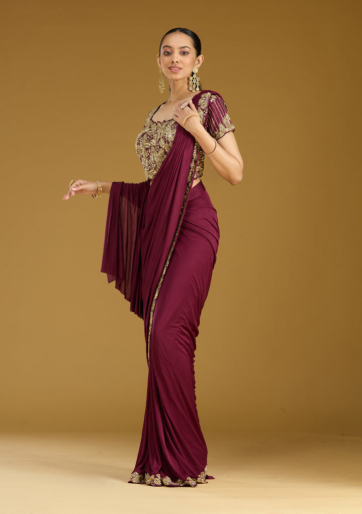 Dark Lavender Satin Sequins Saree With Matching Blouse Piece