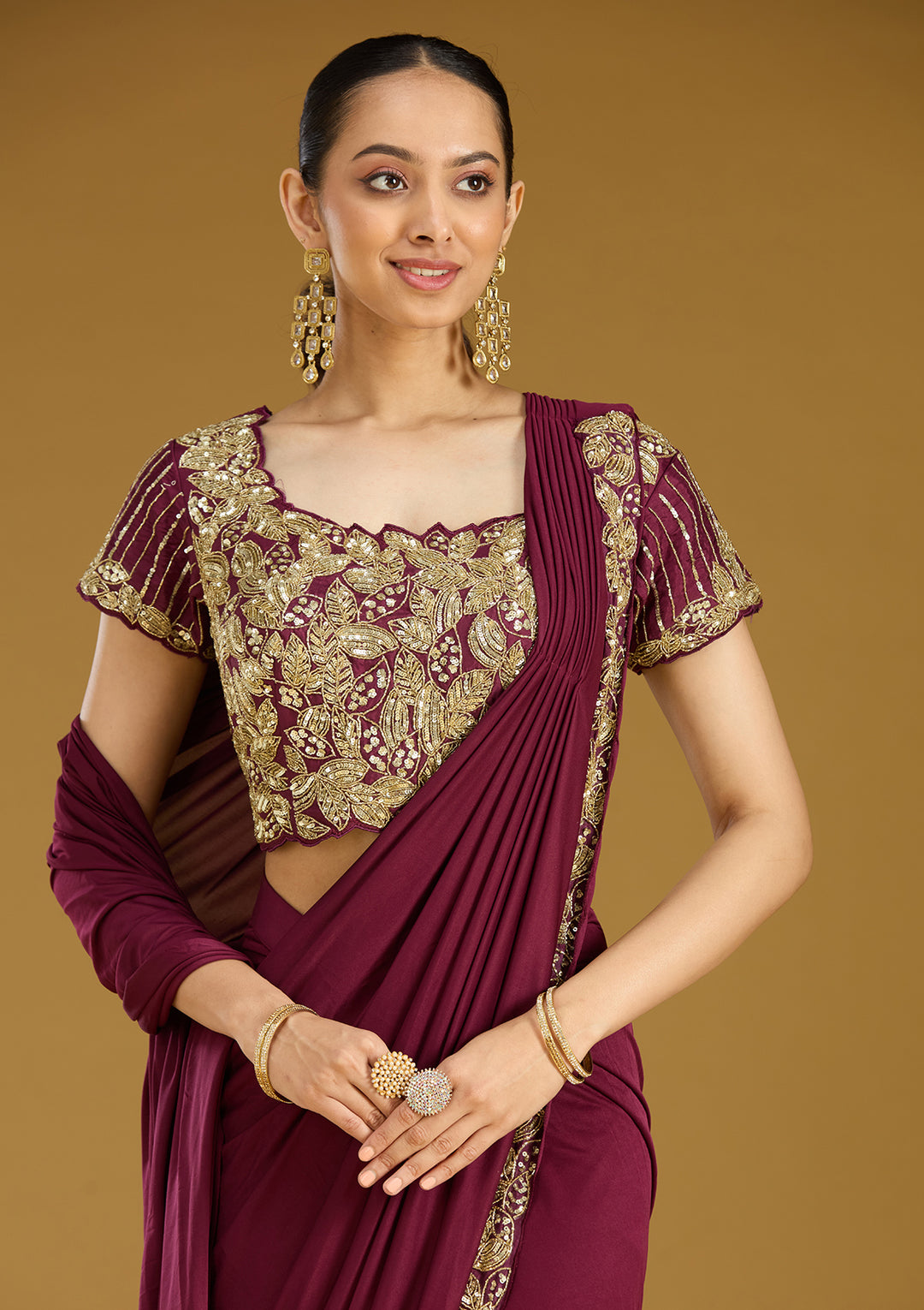 Dark Lavender Satin Sequins Saree With Matching Blouse Piece
