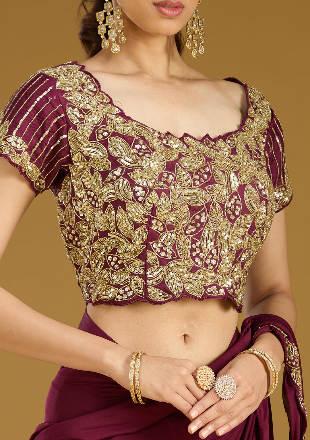 Dark Lavender Satin Sequins Saree With Matching Blouse Piece