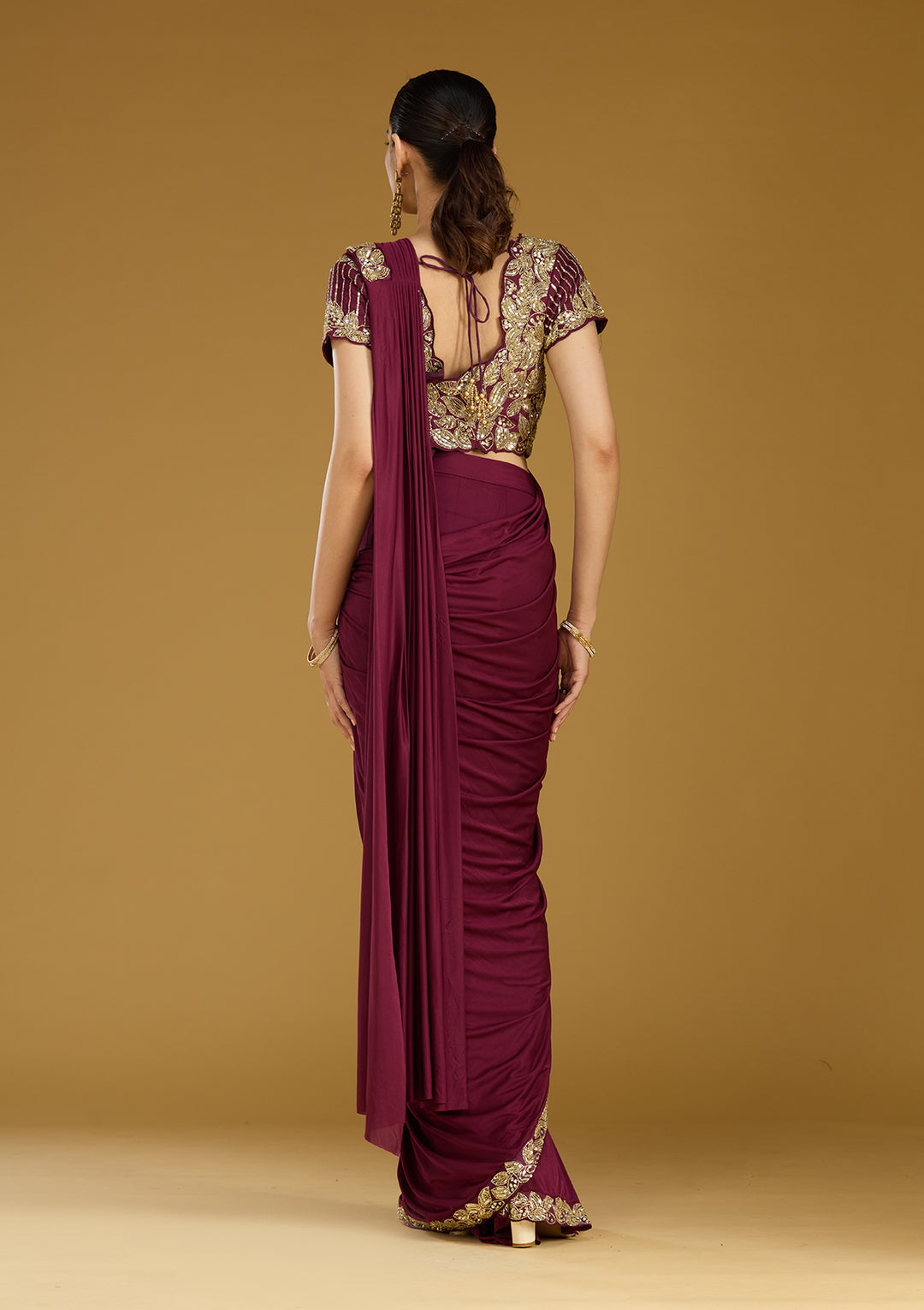Dark Lavender Satin Sequins Saree With Matching Blouse Piece