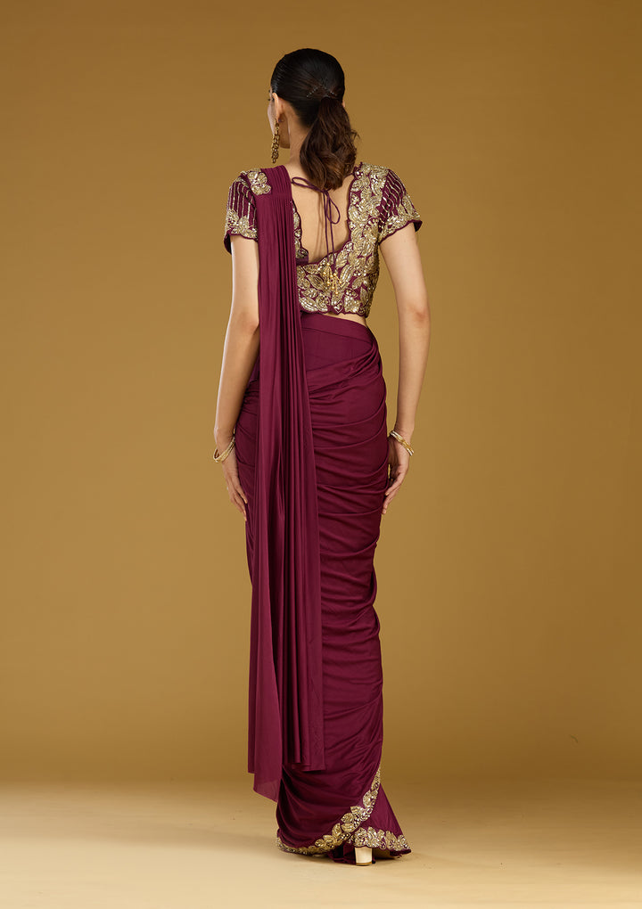 Dark Lavender Satin Sequins Saree With Matching Blouse Piece