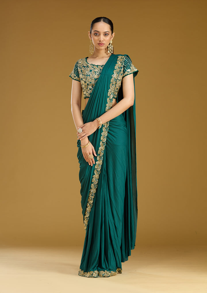 Rama Green Satin Sequins Saree With Matching Blouse Piece