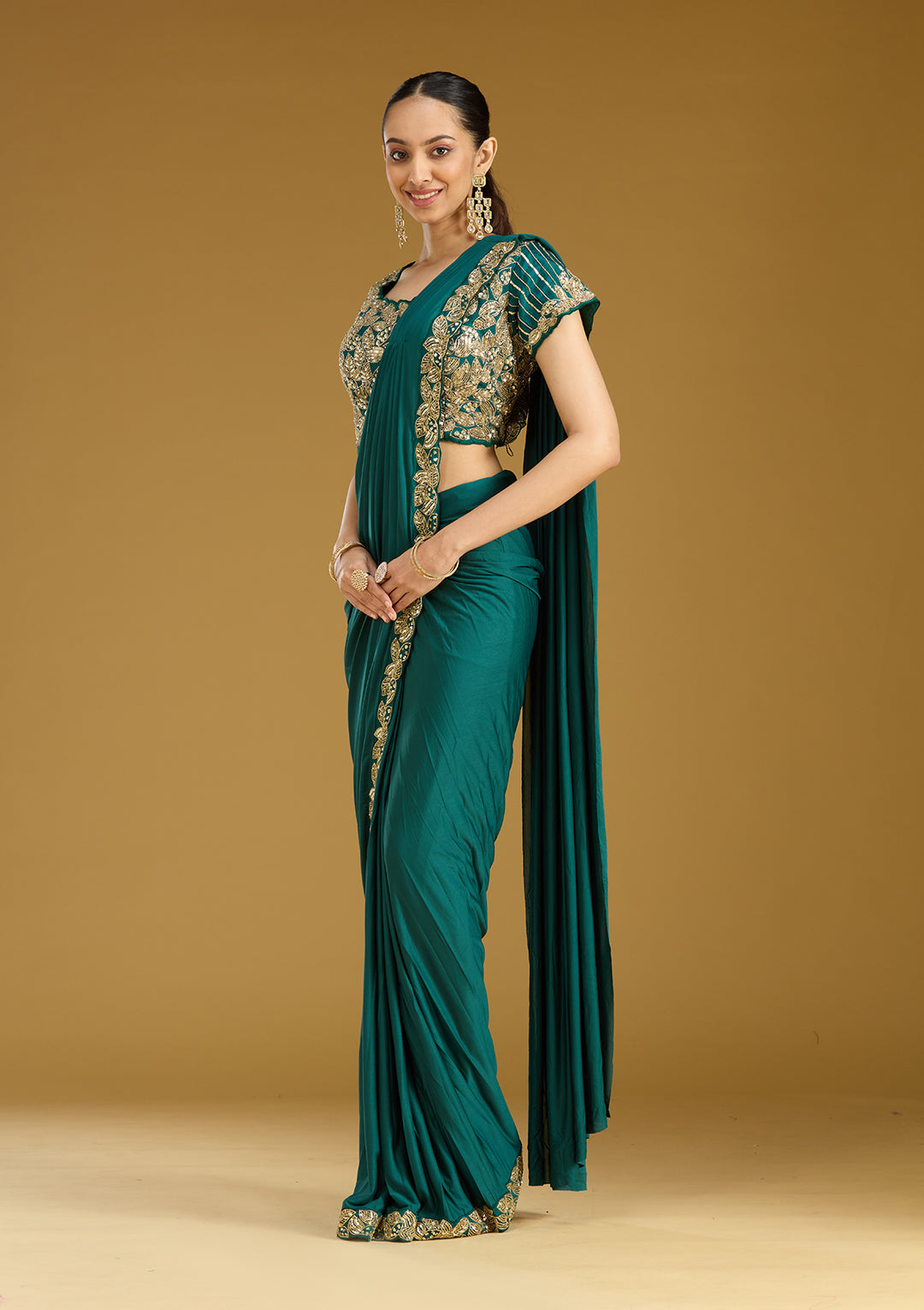 Rama Green Satin Sequins Saree With Matching Blouse Piece