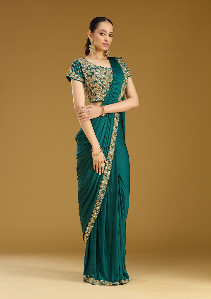 Rama Green Satin Sequins Saree With Matching Blouse Piece