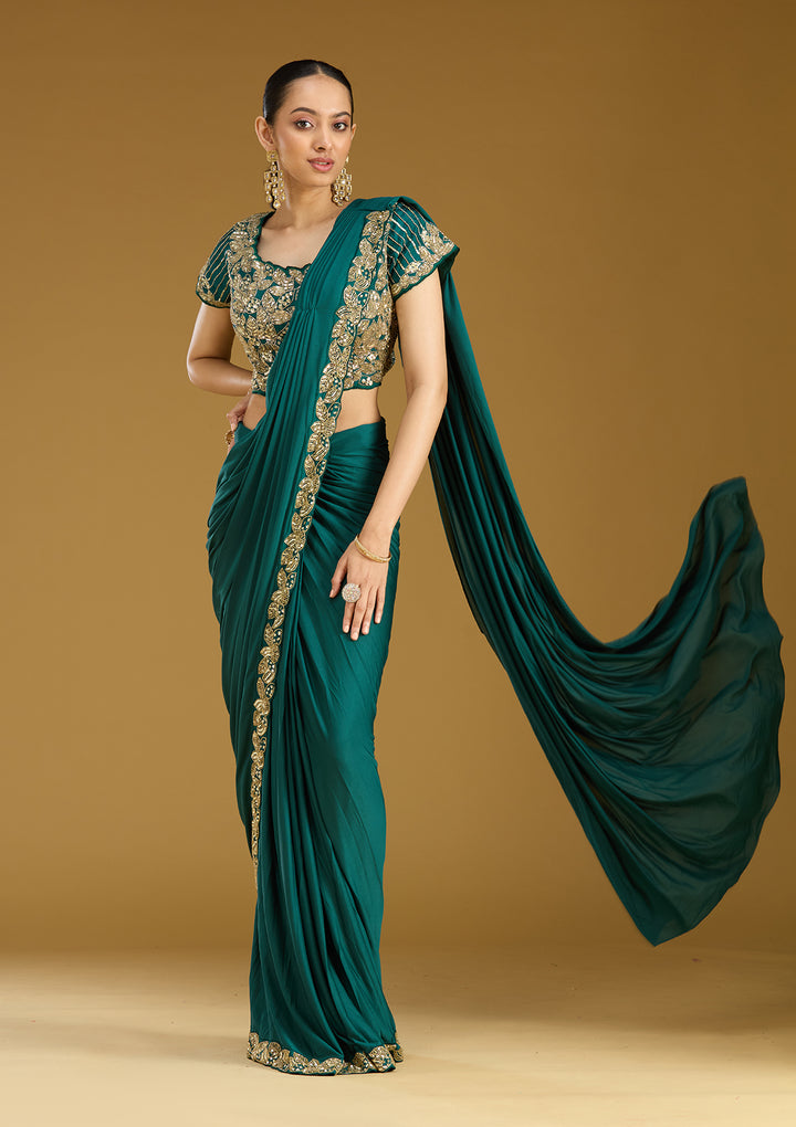 Rama Green Satin Sequins Saree With Matching Blouse Piece