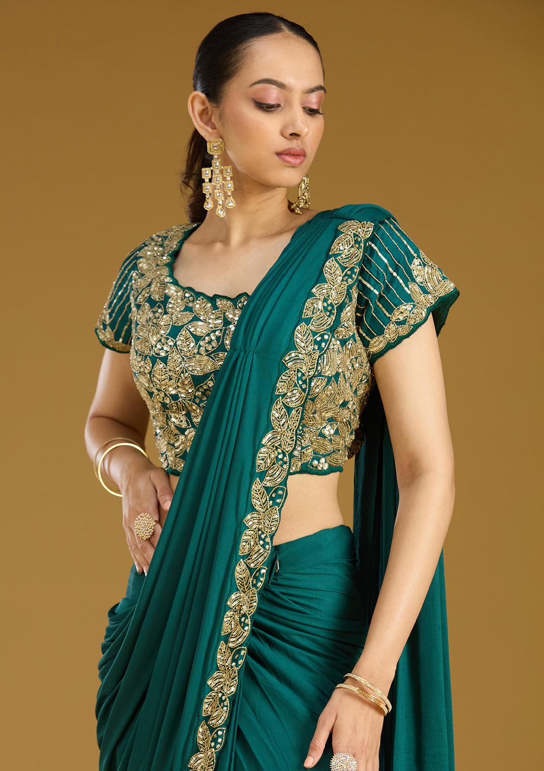 Rama Green Satin Sequins Saree With Matching Blouse Piece