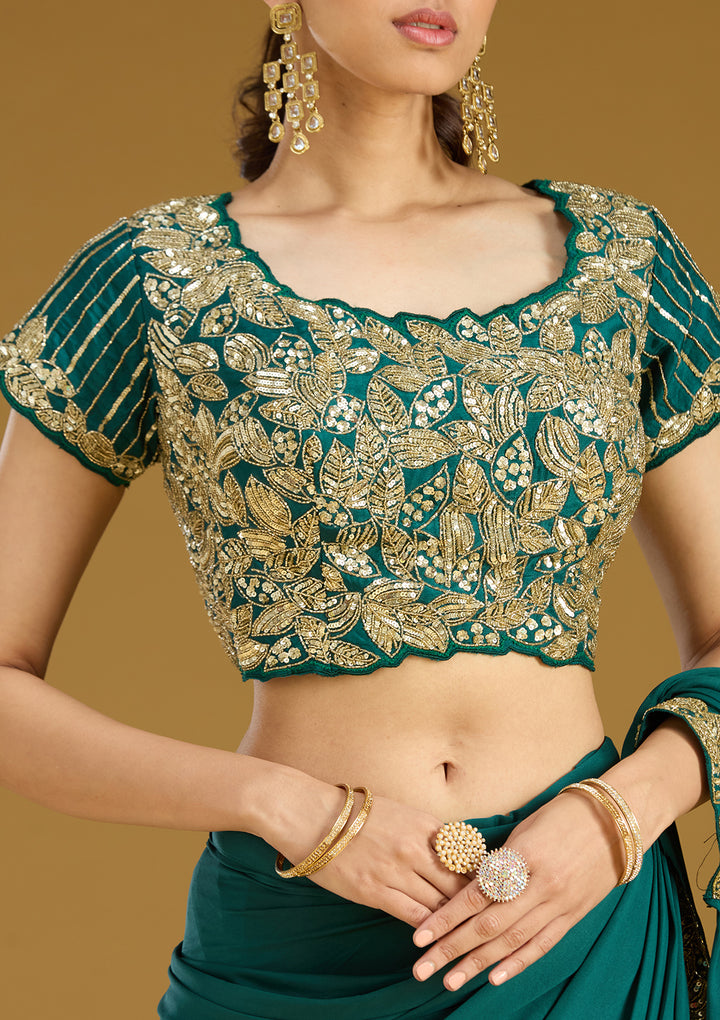 Rama Green Satin Sequins Saree With Matching Blouse Piece