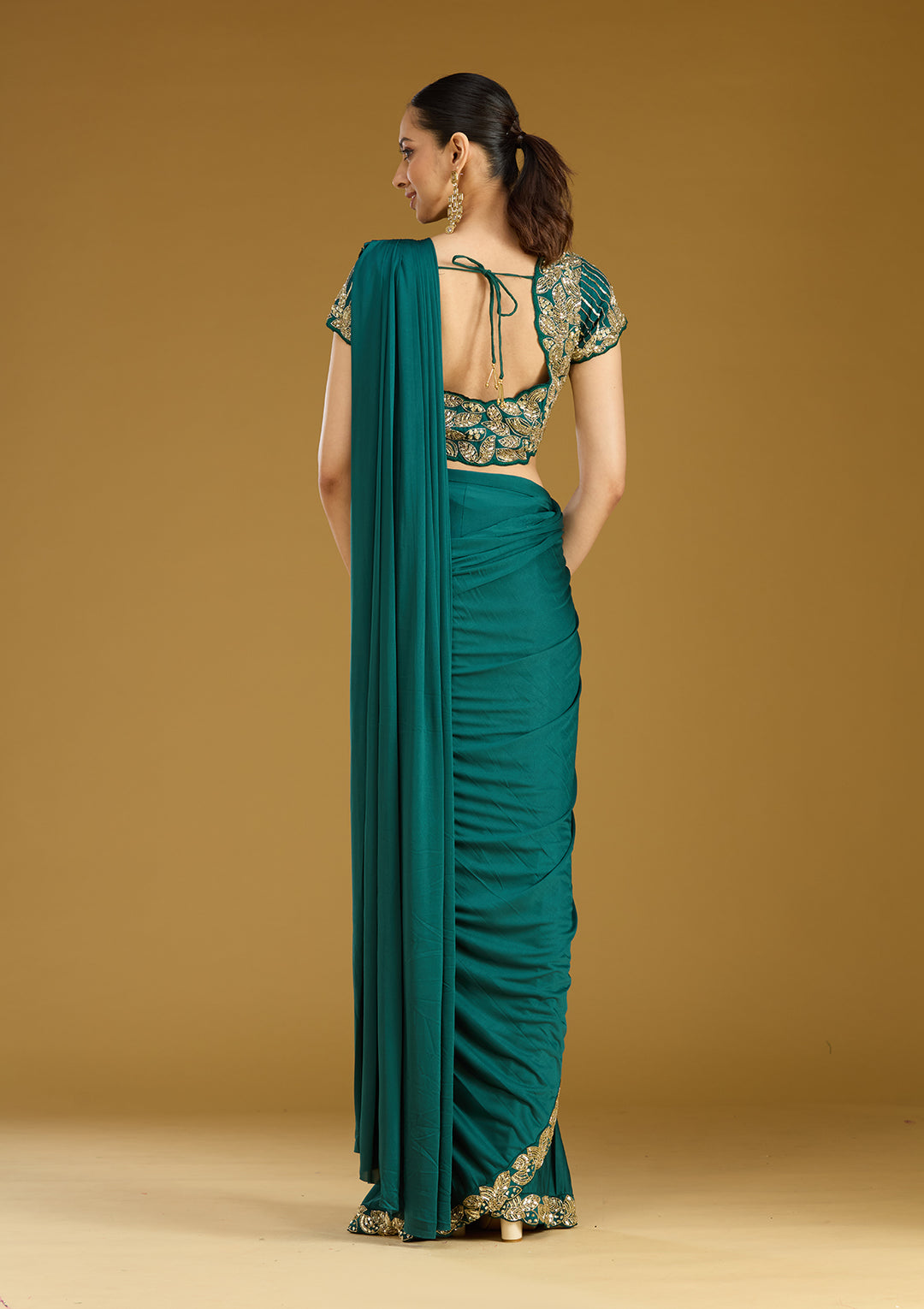 Rama Green Satin Sequins Saree With Matching Blouse Piece