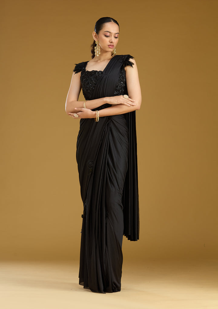 Black Satin Cutdana Saree With Matching Blouse Piece