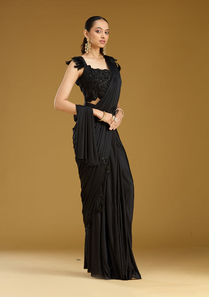 Black Satin Cutdana Saree With Matching Blouse Piece