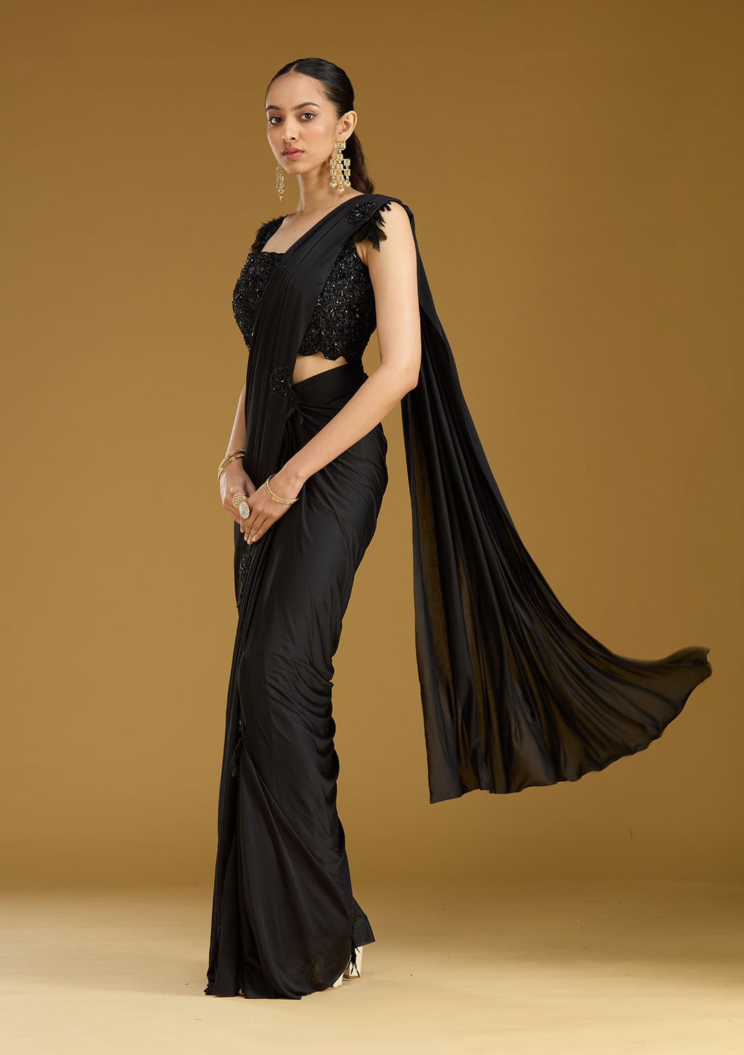 Black Satin Cutdana Saree With Matching Blouse Piece