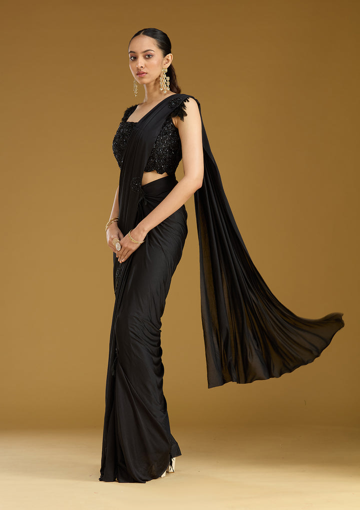 Black Satin Cutdana Saree With Matching Blouse Piece