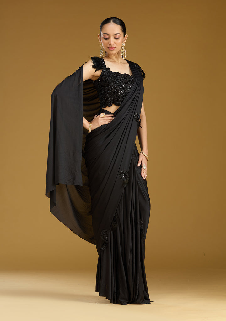 Black Satin Cutdana Saree With Matching Blouse Piece