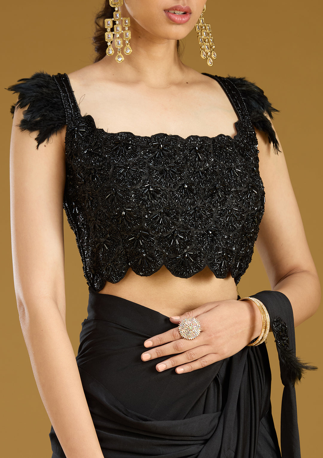 Black Satin Cutdana Saree With Matching Blouse Piece