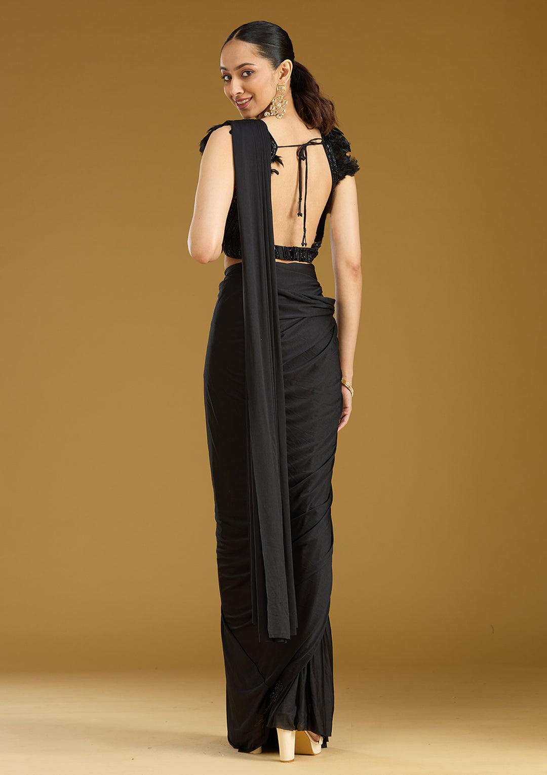 Black Satin Cutdana Saree With Matching Blouse Piece