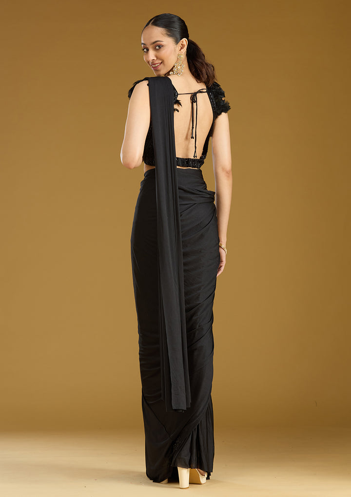 Black Satin Cutdana Saree With Matching Blouse Piece