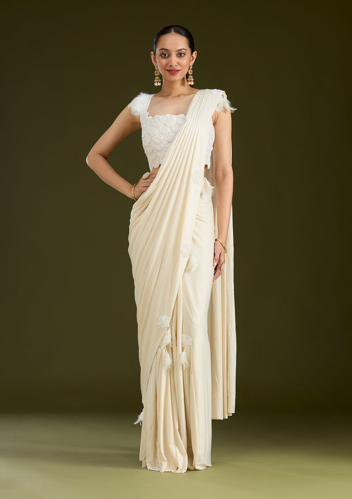 White Satin Cutdana Saree With Matching Blouse Piece