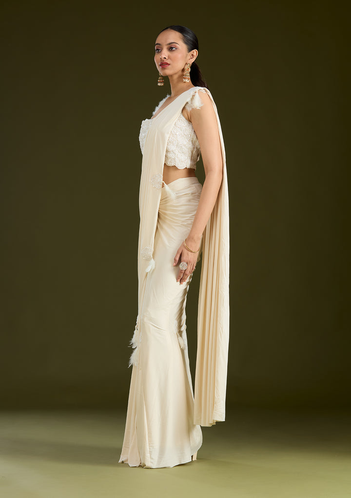 White Satin Cutdana Saree With Matching Blouse Piece