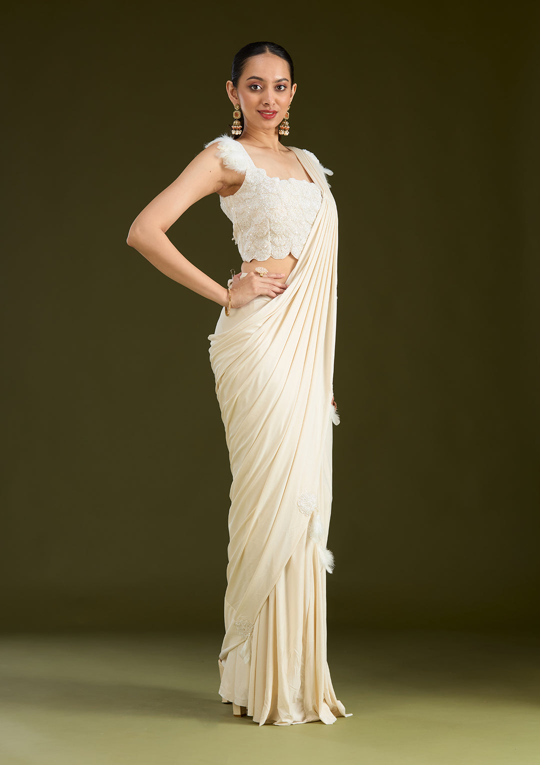 White Satin Cutdana Saree With Matching Blouse Piece