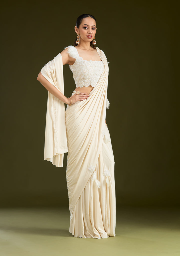 White Satin Cutdana Saree With Matching Blouse Piece