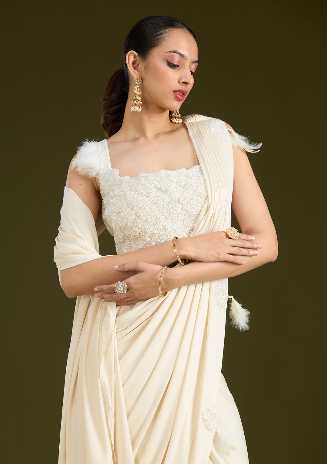 White Satin Cutdana Saree With Matching Blouse Piece