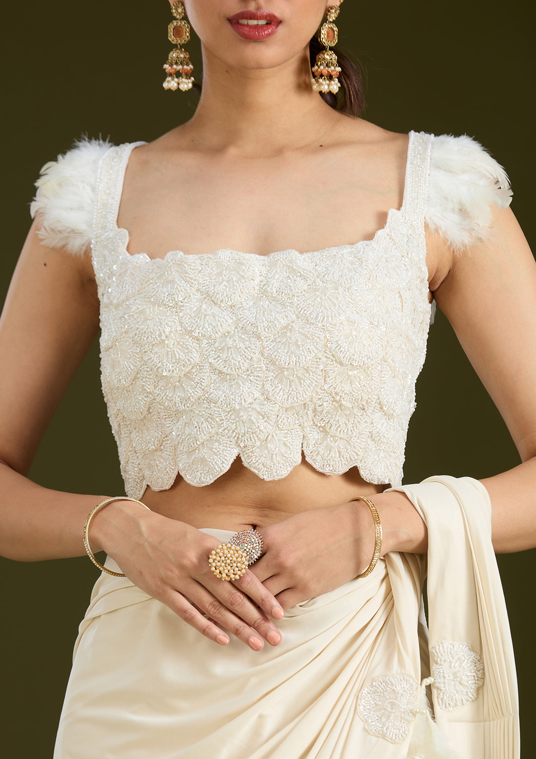 White Satin Cutdana Saree With Matching Blouse Piece