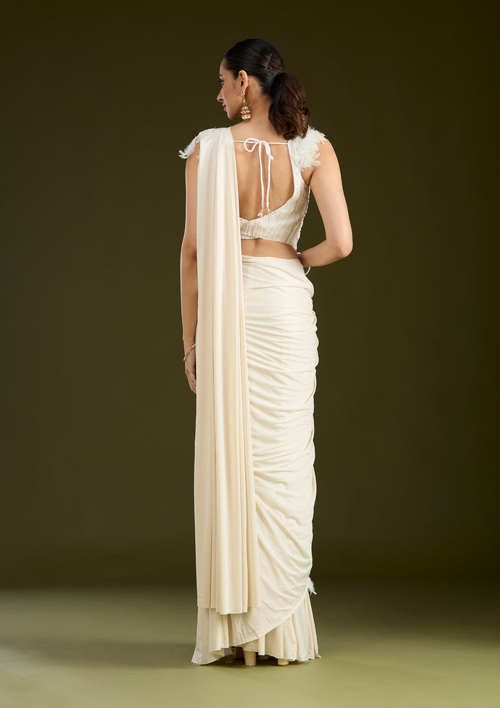 White Satin Cutdana Saree With Matching Blouse Piece