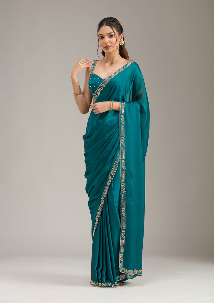 Peacock Blue Georgette Gold Stonework Saree With Matching Blouse Piece