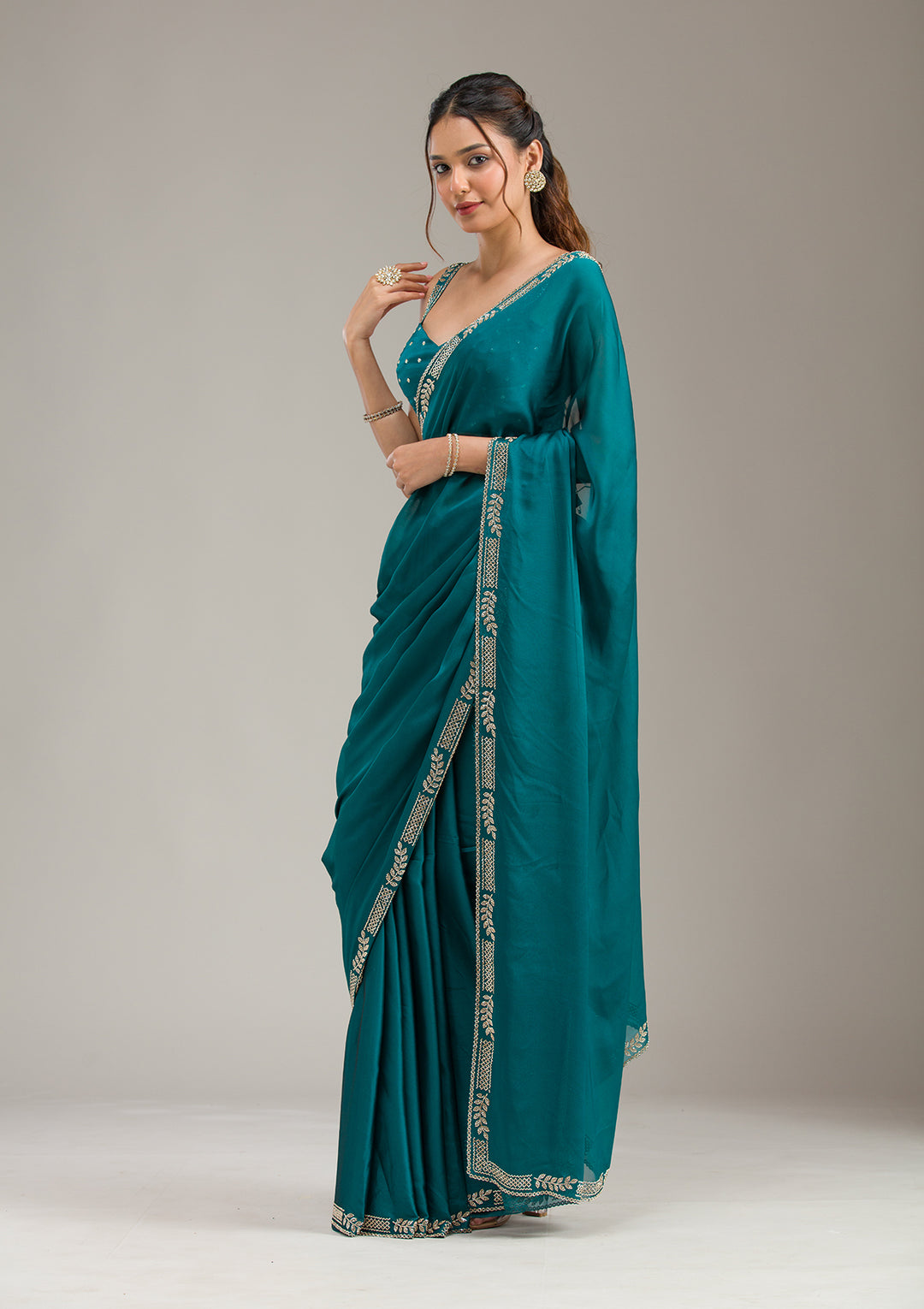Peacock Blue Georgette Gold Stonework Saree With Matching Blouse Piece