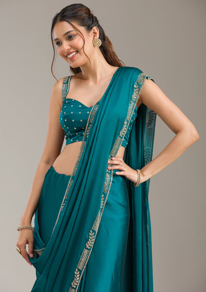Peacock Blue Georgette Gold Stonework Saree With Matching Blouse Piece
