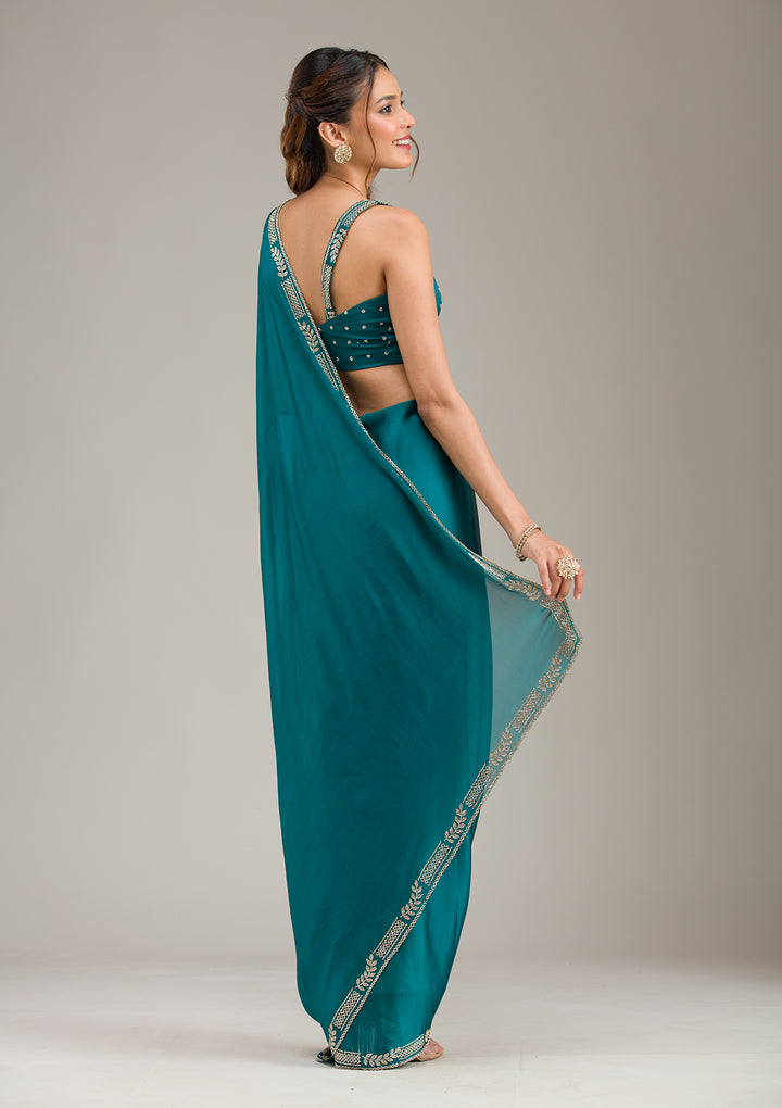 Peacock Blue Georgette Gold Stonework Saree With Matching Blouse Piece