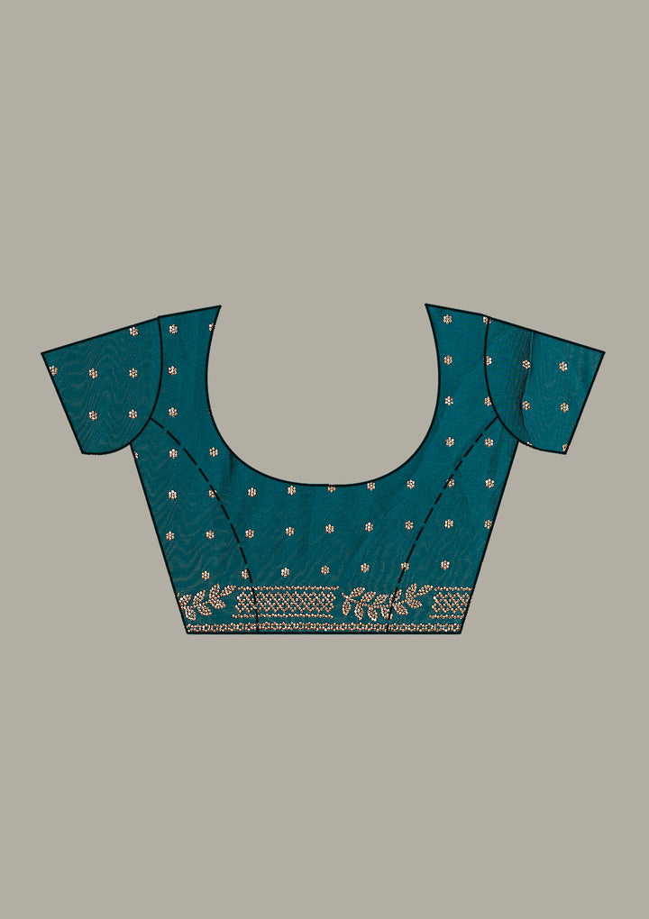 Peacock Blue Georgette Gold Stonework Saree With Matching Blouse Piece